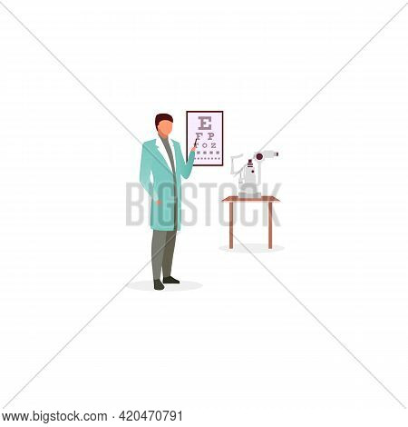 Doctor With Snellen Eye Chart Flat Vector Illustration. Ophthalmologist Checking Visual Acuity. Opti