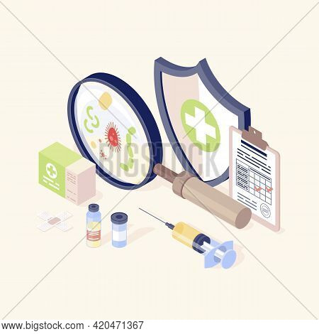 Vaccination Equipment Isometric Color Vector Illustration. Healthcare, Immunisation. Disease Prevent