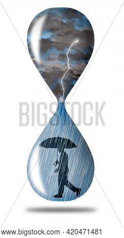 Storm Clouds And Lightning Fill The Top Of An Hourglass While Rain Falls On A Man With With An Umbre