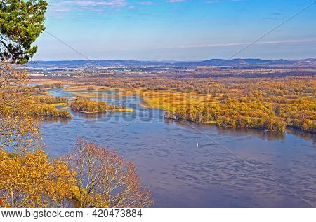 The Upper Mississippi Bayou In Fall Colors In Great River Bluffs State Park In Minnesota