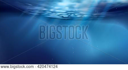 Sea Or Ocean Surface Seen From Underwater, Background. Surface Seen From Under Water. Rays Of Light,