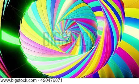 3d Render. Abstract Geometric Bg With Rings Form Complex Twisted Spiral And Light Effects. Rings Fla