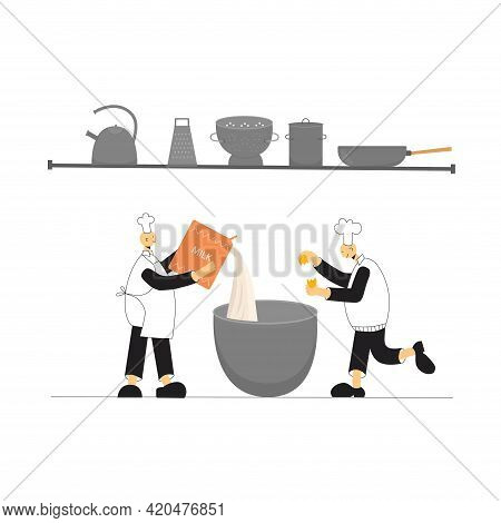 Cook Chef With Hat, Uniform Cooking In Professional Kitchen Restaurant. Vector Stock Illustration Is