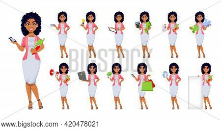 African American Business Woman, Set Of Thirteen Poses. Beautiful Businesswoman Cartoon Character, P