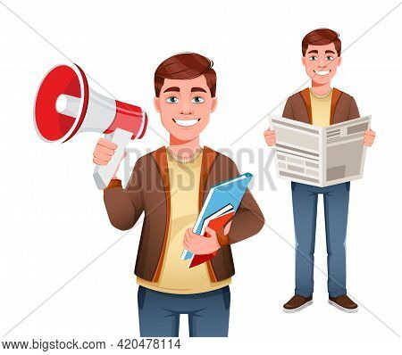 Handsome Business Man, Set Of Two Poses. Young Businessman Cartoon Character In Flat Style. Stock Ve