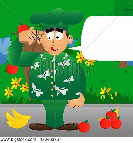 Fat Male Cartoon Chef In Uniform Shows A You're Nuts Gesture By Twisting His Finger Around His Templ