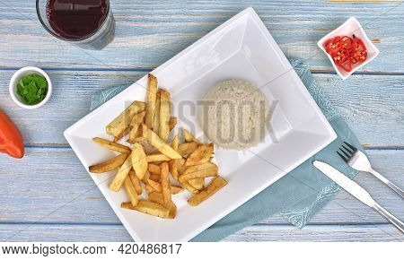 Rice And Fries Sides, Top View Food Plate, Chilli And Chicha Morada