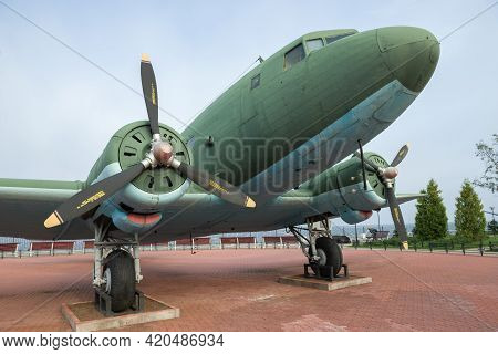 Ladozhskoe Ozero, Russia - September 07, 2018: Military Transport Aircraft Li-2 Close-up. Exhibit Of