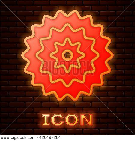 Glowing Neon Bicycle Cassette Mountain Bike Icon Isolated On Brick Wall Background. Rear Bicycle Spr