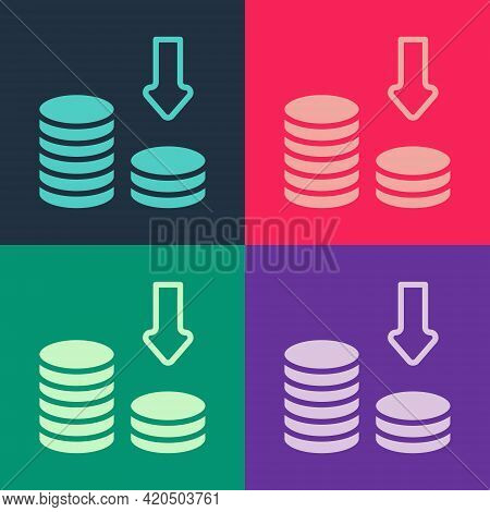 Pop Art Dollar Rate Decrease Icon Isolated On Color Background. Cost Reduction. Money Symbol With Do