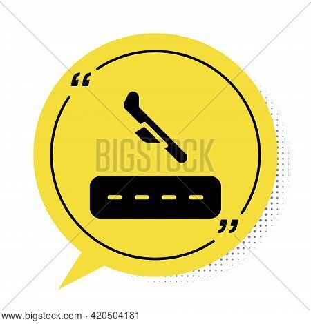 Black Plane Landing Icon Isolated On White Background. Airplane Transport Symbol. Yellow Speech Bubb