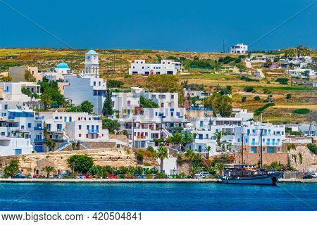 Adamantas Adamas harbor town of Milos island. Milos, Greece view from sea