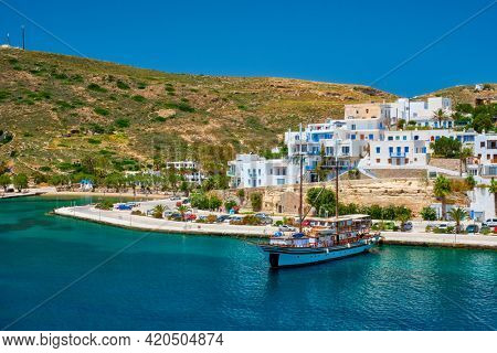 Adamantas Adamas harbor town of Milos island. Milos, Greece view from sea