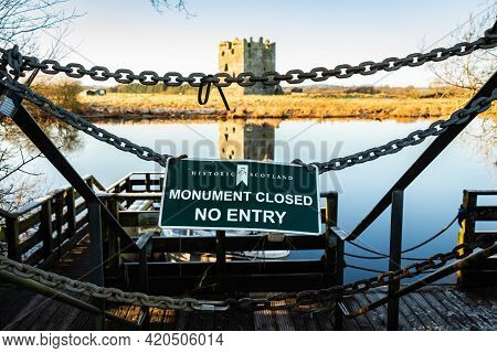 Castle Douglas, Scotland - 28th December 2020: Historic Scotland Monument Closed, No Entry Sign, Thr