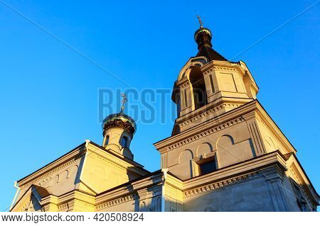 Church With Golden Domes In Orheiul Vechi . Famous Monastery In Moldova On The Hill In Village  Butu