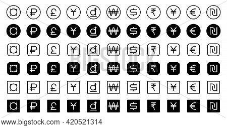 A Set Of Buttons With Signs Of Monetary Units Of Different Countries For Mobile Applications, Web Si