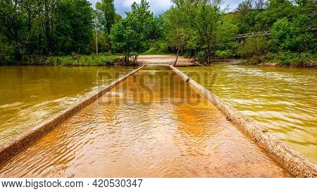 Flood Waters Of Buffalo River Coming Up On The Ponca Low-water Bridge In Arkansas During Flood