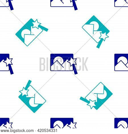 Blue Photo Retouching Icon Isolated Seamless Pattern On White Background. Photographer, Photography,