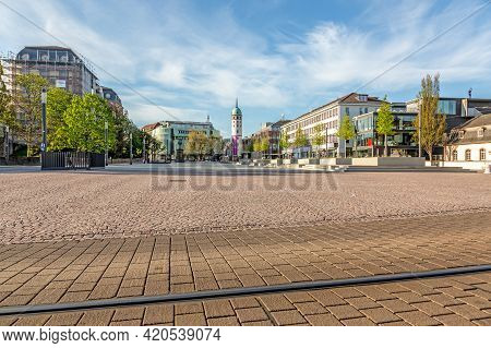 Panoramic View Over The Friedensplatz To The White Tower In The City Center Of The Hessian Universit