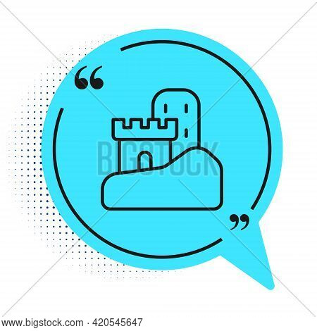 Black Line Sand Castle Icon Isolated On White Background. Blue Speech Bubble Symbol. Vector