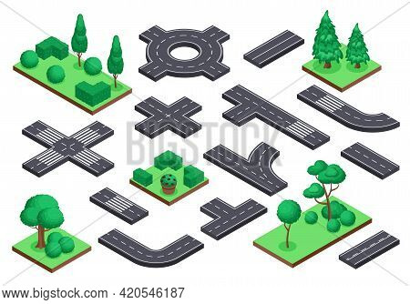 Isometric Road And Nature Elements. Asphalt Street, Ring Road, Crossroad. Tree Plants, Bushes For Ci