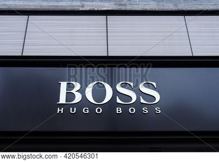 Eeds, West Yorkshire, United Kingdom - 11 May 2021: Sign Above The Entrance Of The Hugo Boss Retail 