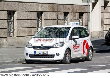 Ostrava, Czech Republic - April 28, 2021: White Skoda Citigo Mini Car Of The Autoskola Sunny Car Dri