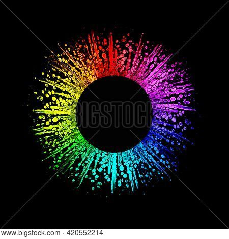 Colorful Abstract Acrylic Splashes In Rounded Shape With Free Space For Text On Black Background. Gr