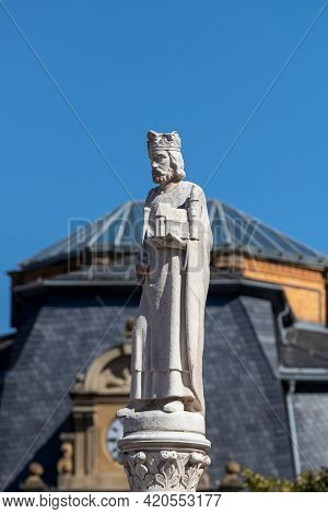 White Statue On A Fountain In The City Meiningen In Thuringia