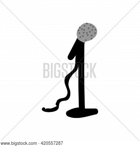 Hand Drawn Simple Microphone On Stand. Concept Of Entertainment Media. Icon Motif For Club Pictogram