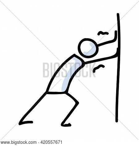 Hand Drawn Stick Figure Pushing Wall Pose. Concept Of Physical Struggle Expression. Simple Icon Moti