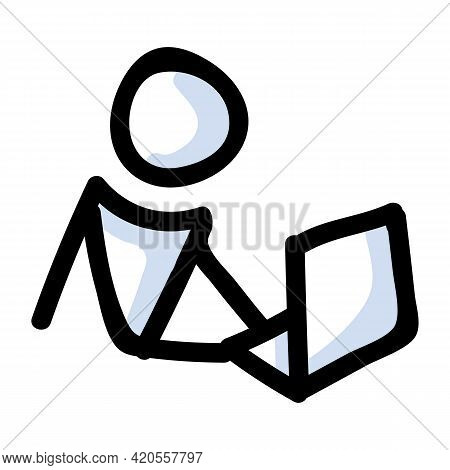 Hand Drawn Stick Figure Using Laptop Computer. Concept Of Business Work In Office Expression. Simple