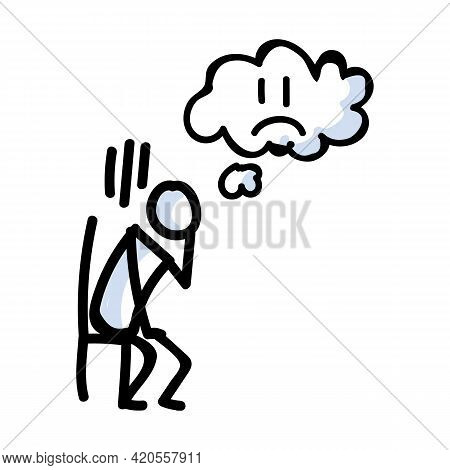 Hand Drawn Sad Stick Figure Sitting In Chair. Concept Of Alone Upset Expression. Simple Icon Motif F