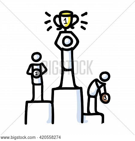 Hand Drawn Stick Figure Champion Podium. Concept Prize Winner Competition. Simple Icon Motif For Pic