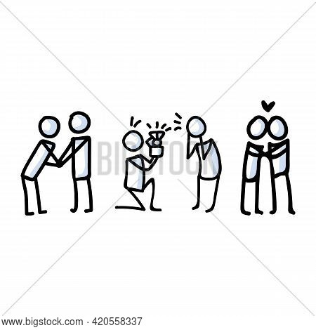 Hand Drawn Stick Figure Proposal And Hug. Concept Of Marriage Engagement Expression. Simple Motif Fo