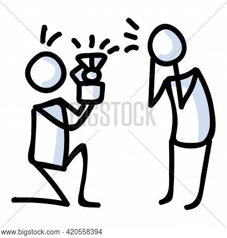 Hand Drawn Stick Figure Proposal Pose. Concept Of Marriage Engagement Expression. Simple Icon Motif 