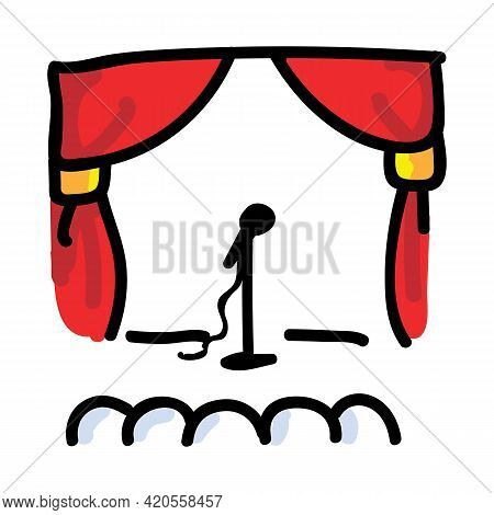 Hand Drawn Theatre With Microphone. Concept Of Theatre Audience. Simple Icon Motif For Comedy Perfor