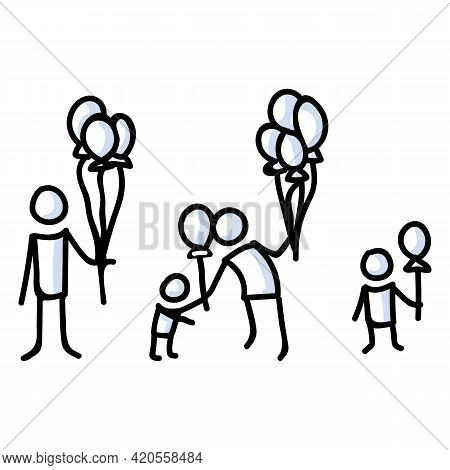 Hand Drawn Stick Figure Child With Balloon. Party Decoration Giving. Simple Icon Motif For Carnival 