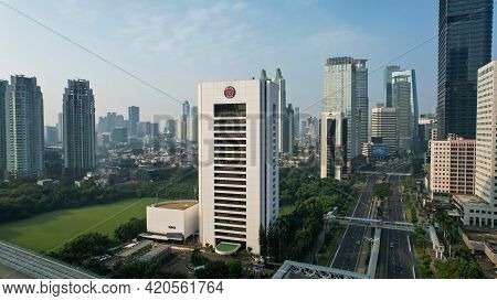 Aerial View Of Tiga Roda Building At Sudirman Street. Jakarta - Indonesia. May 16, 2021