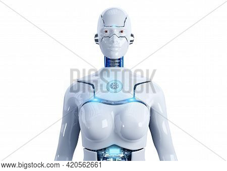 Advanced Female Humanoid Robot With Artificial Intelligence Isolated On White Background. Front Clos