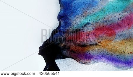 Mental Health, Imagination And Creativity Concept. Silhouette Photo Of Woman Combined With Colorful 