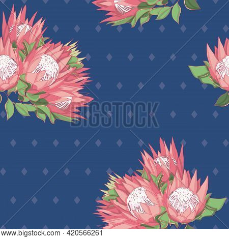 Blue And Pink Proteas Australian Natives Seamless Vector Repeat Pattern. Vector Illustration With Pr