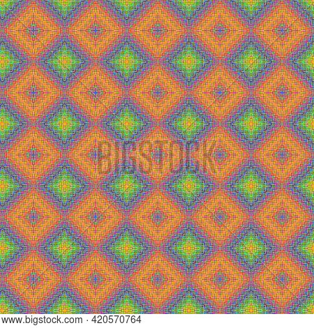 Mosaic Floral Geometric Pattern. Neon Saturated Hues. Bright Rainbow Colors.