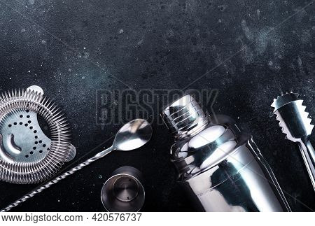 Steel Bar Tools And Accessories For Making Cocktail. Shaker, Jigger, Strainer, Spoon, Tongs, Muddler