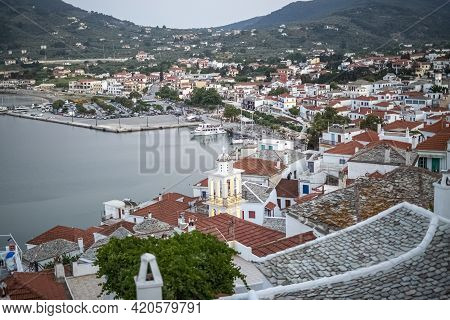 Top View At The Skopelos Port Chora And Hills Of The Skopelos Island, Greece.
