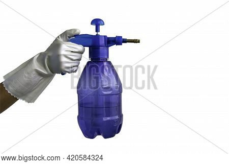 Hand In White Gloves That Applying Alcohol Spray To Cleaning And Disinfection Isolated On White Back