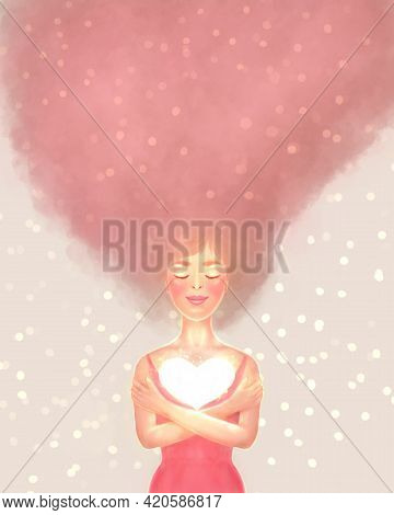 Self-love. Self-respect And Self-acceptance, Self-respect. Woman Hugging Herself With Sparkling Glow