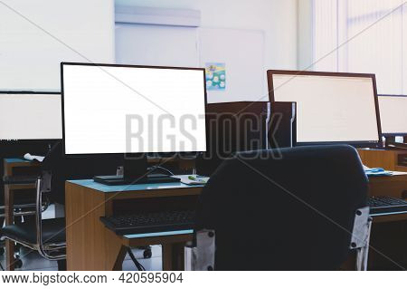 Mock Up Monitor In Computer Training Room For Workshop At University, Technology Lab Workplace Moder