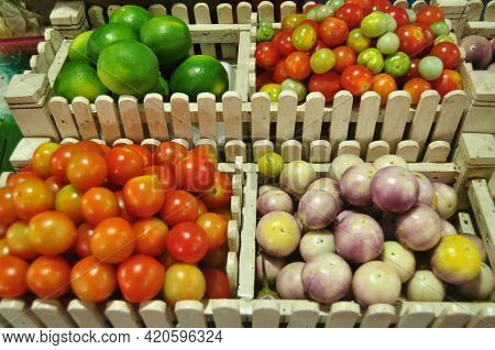 Fruits And Vegetables In Basket Seasoning For Cooking Papaya Salad Or Som Tum Tradition Thai And Lao