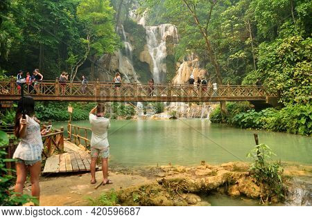 Laotian People Foreign Travelers Travel Visit On Wooden Bridge For Looking And Take Photo At Viewpoi